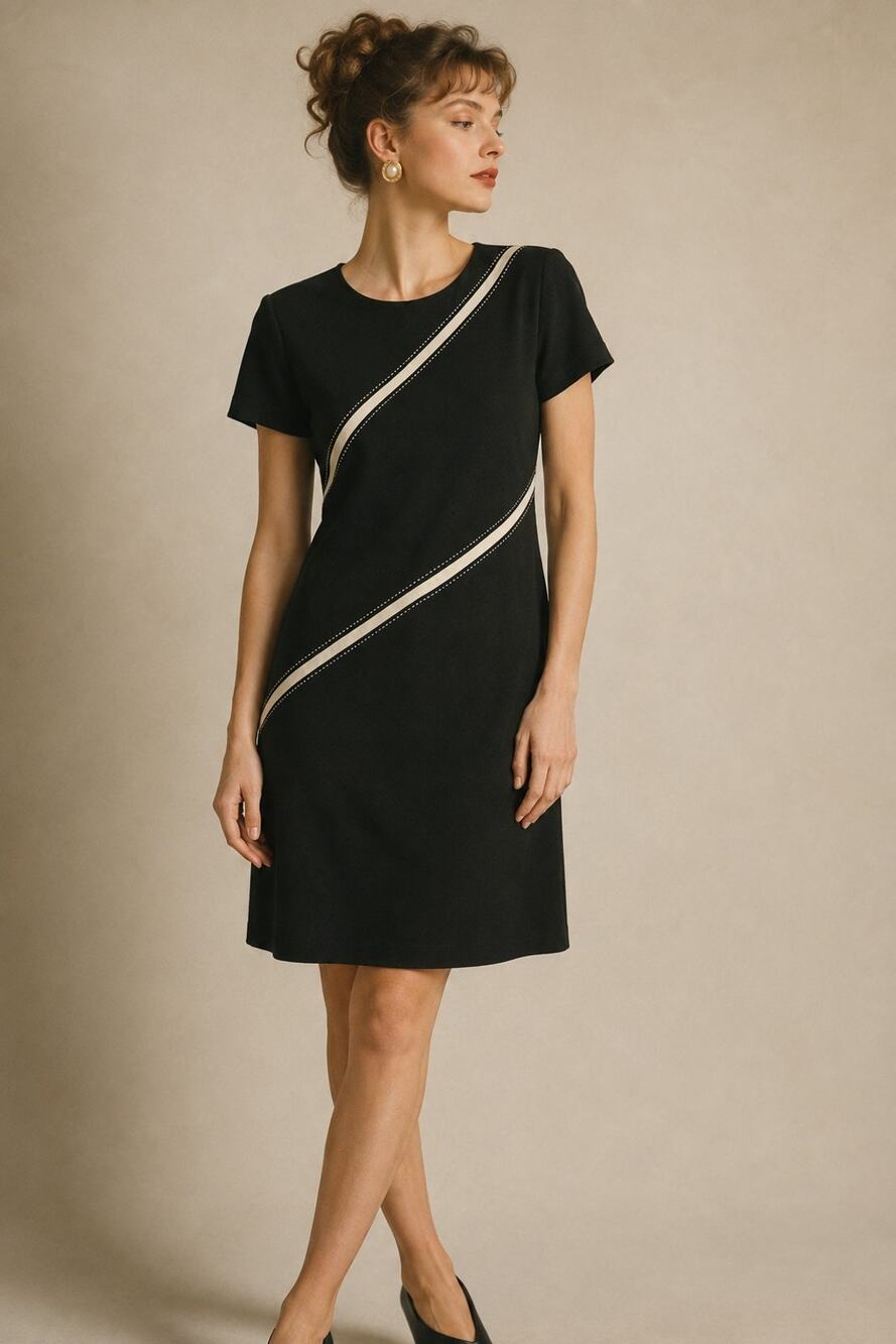 Vintage Sag Harbor Dress Petite 12P Black Cream Stripe Short Sleeve Shift 90s